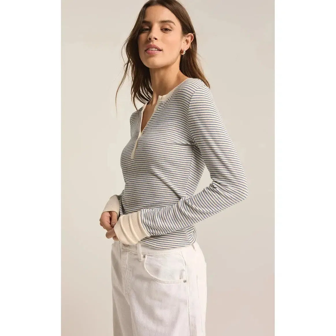 SCARLETT STRIPE RIB HENLEY - SEA SALT