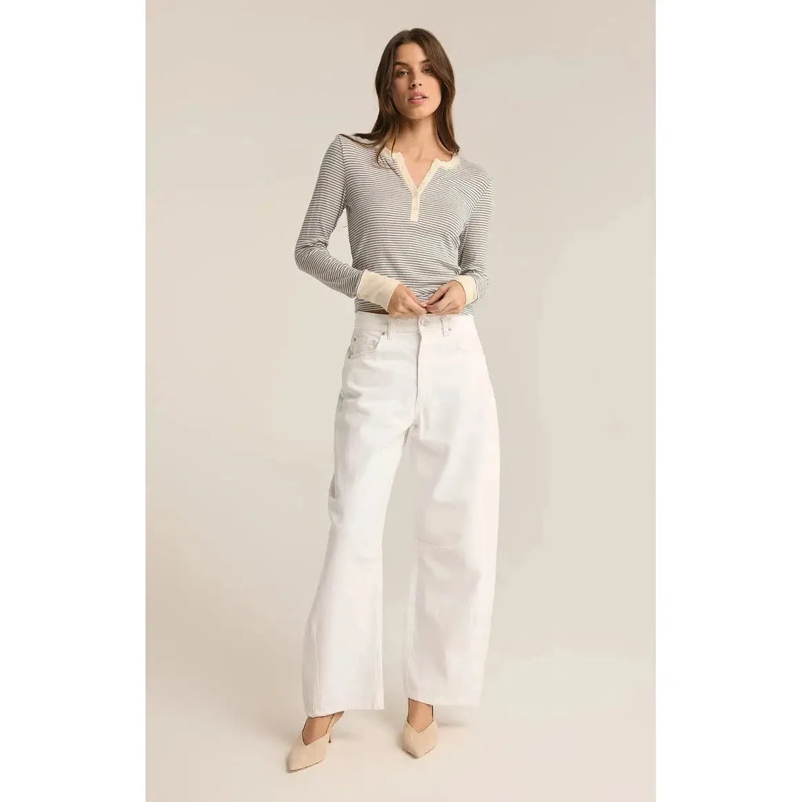 SCARLETT STRIPE RIB HENLEY - SEA SALT