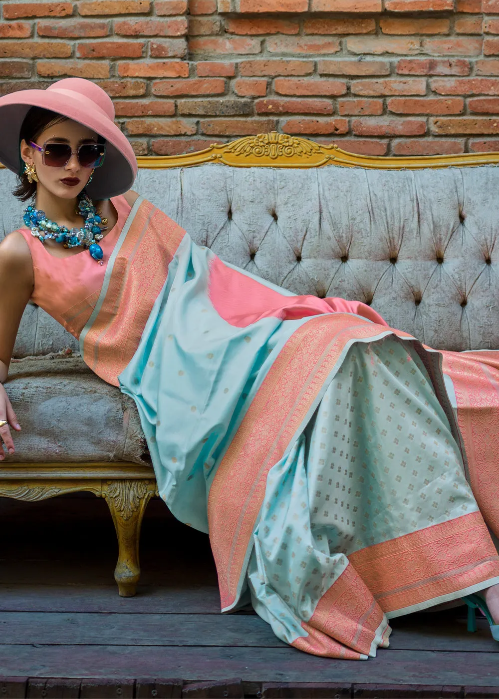 Sea Blue And Peach Woven Soft Silk Saree