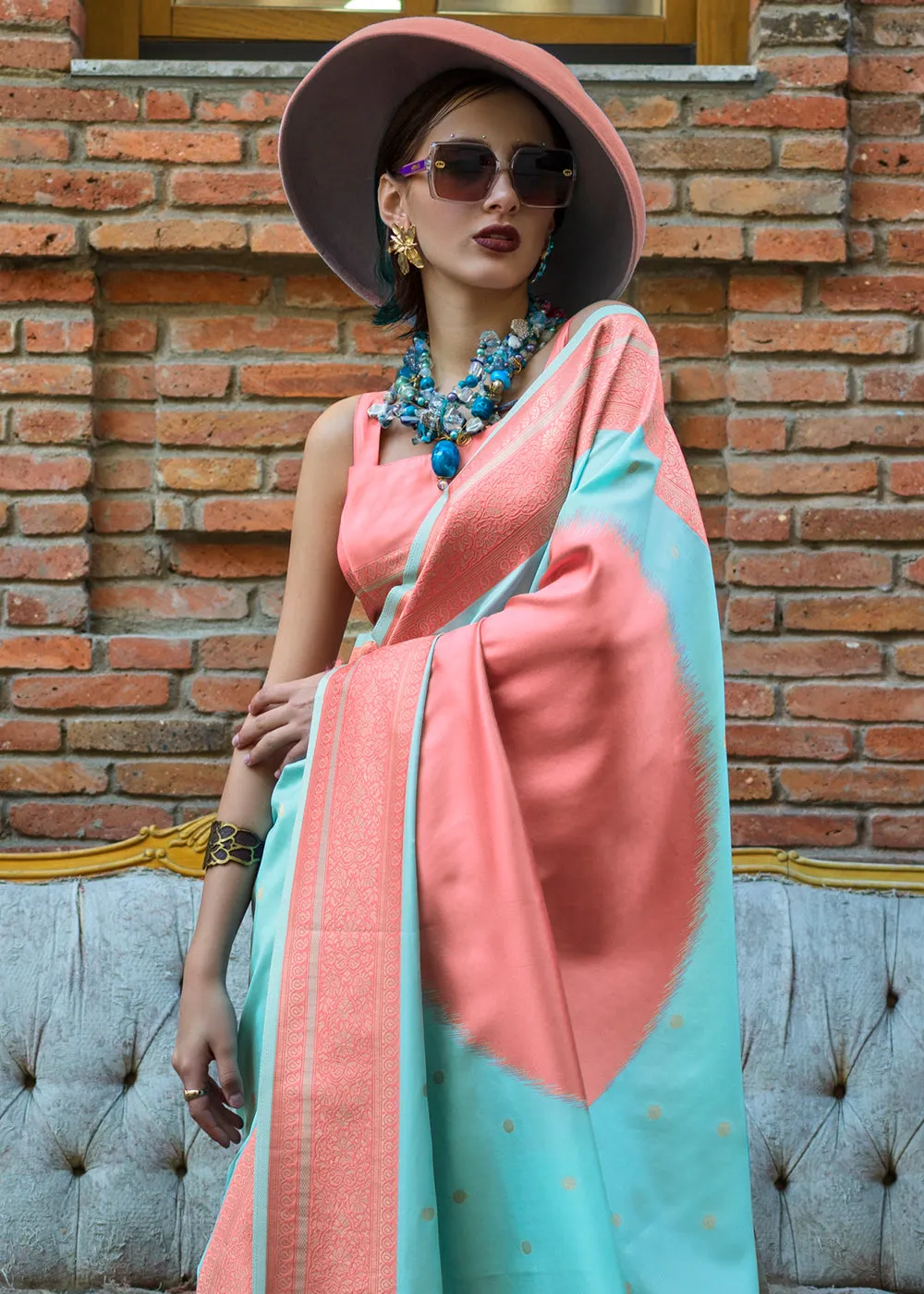 Sea Blue And Peach Woven Soft Silk Saree