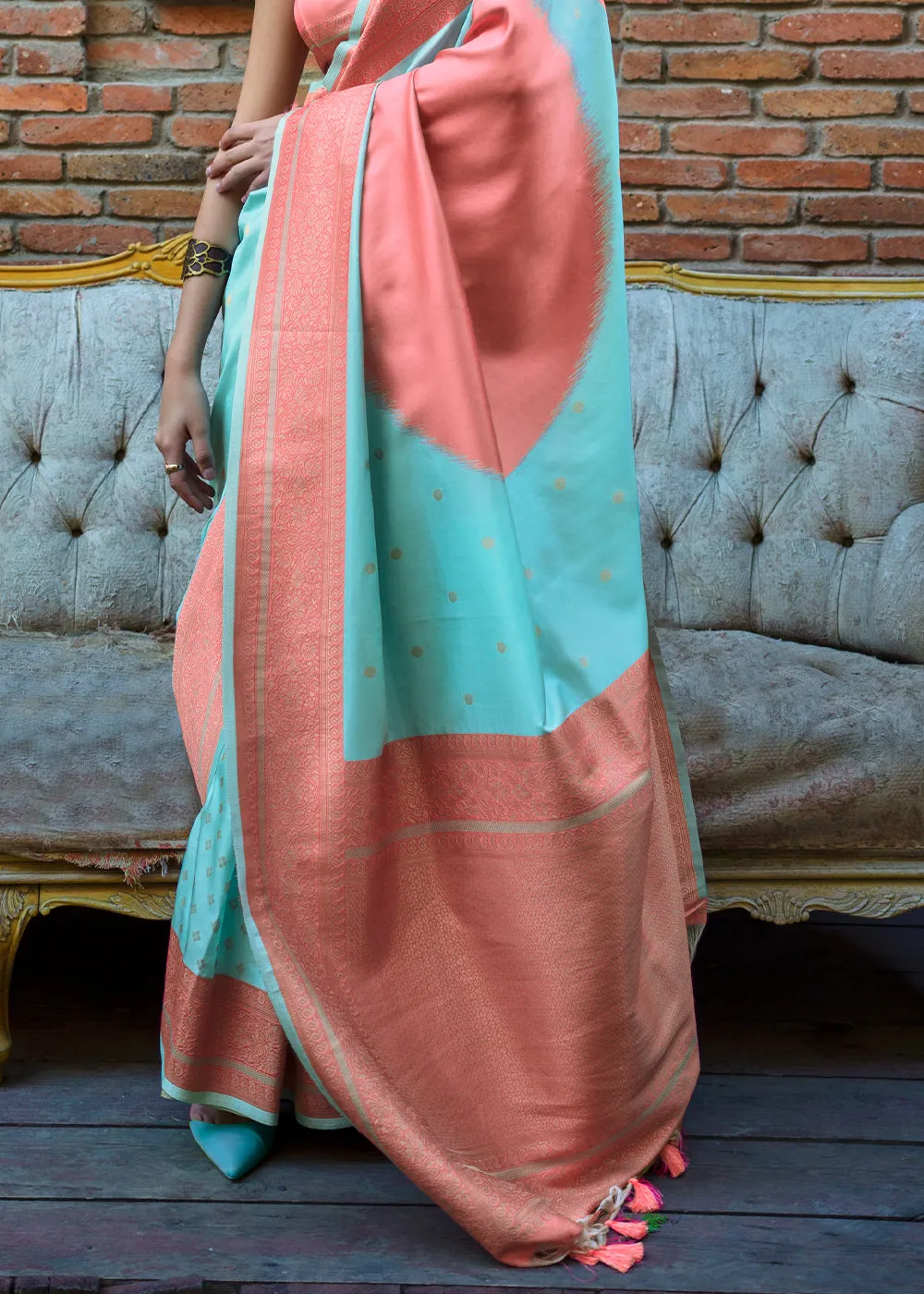 Sea Blue And Peach Woven Soft Silk Saree