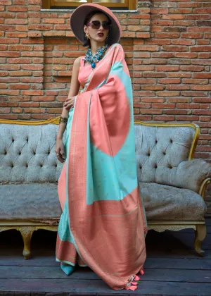 Sea Blue And Peach Woven Soft Silk Saree