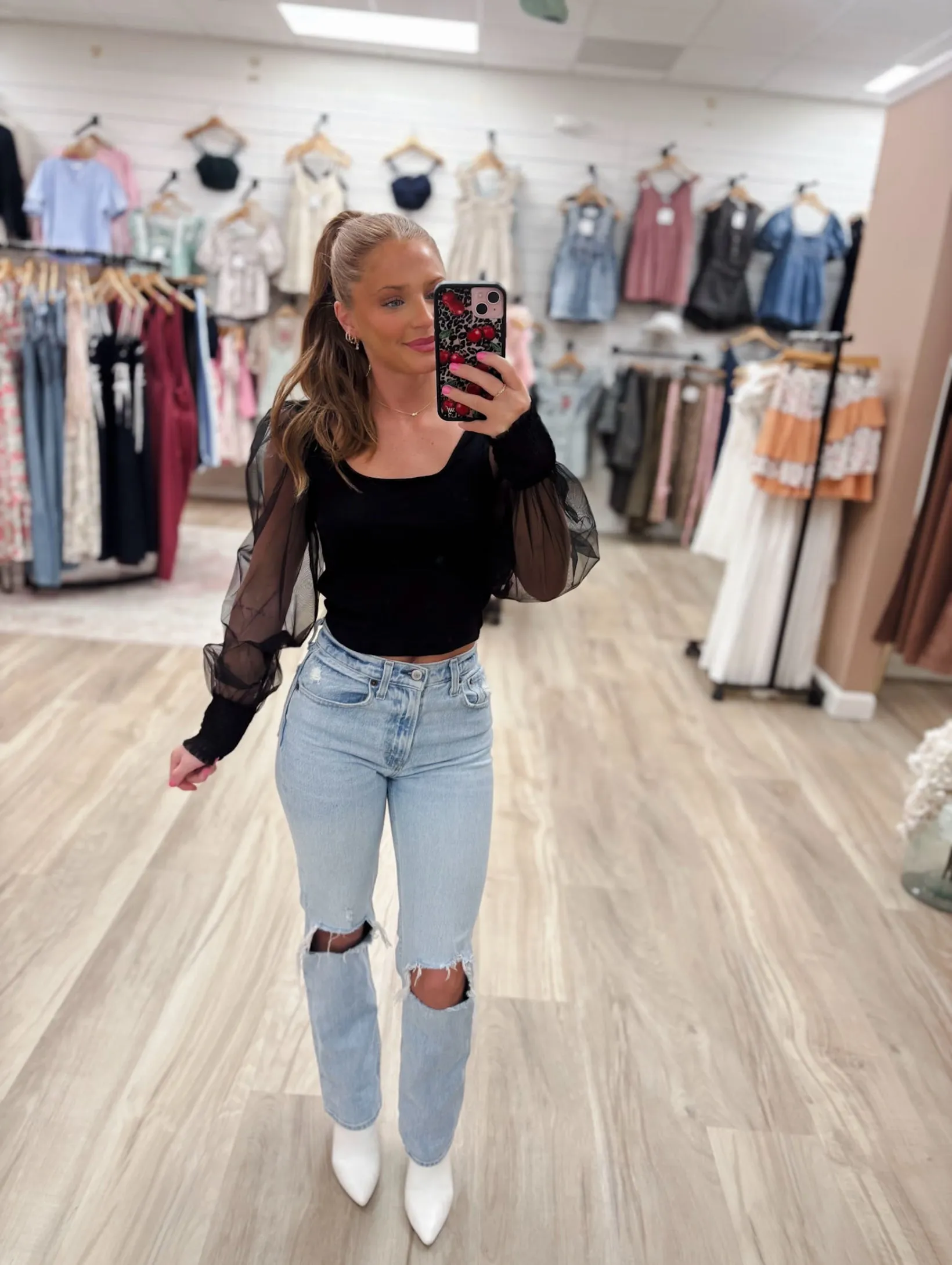 Sheer Sleeve Black Cropped Top