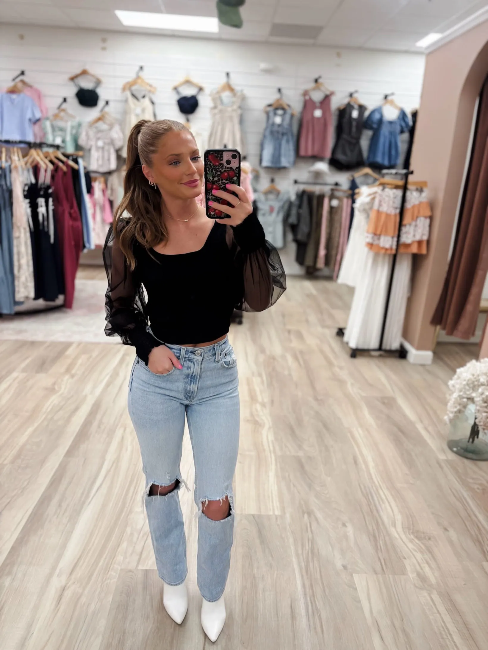 Sheer Sleeve Black Cropped Top