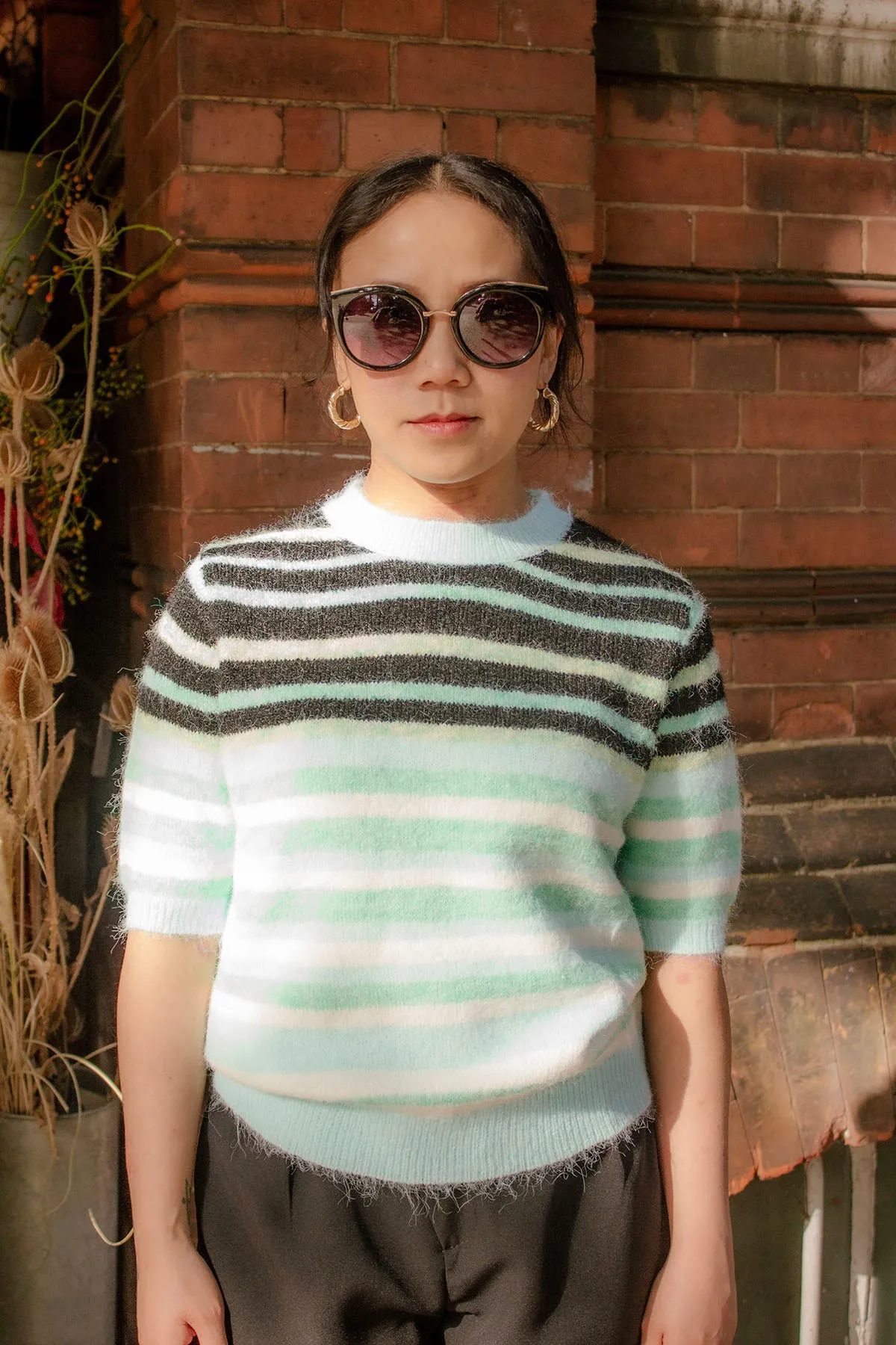 Short Sleeve Fuzzy Stripe Knit