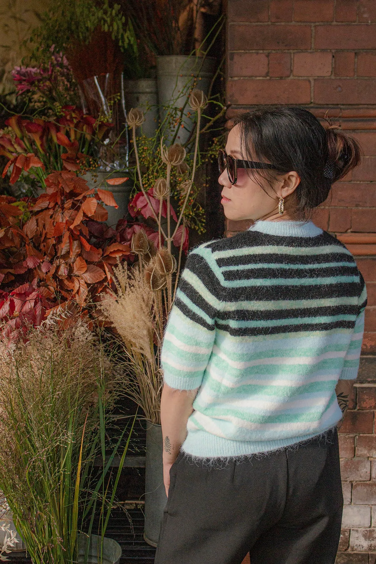 Short Sleeve Fuzzy Stripe Knit