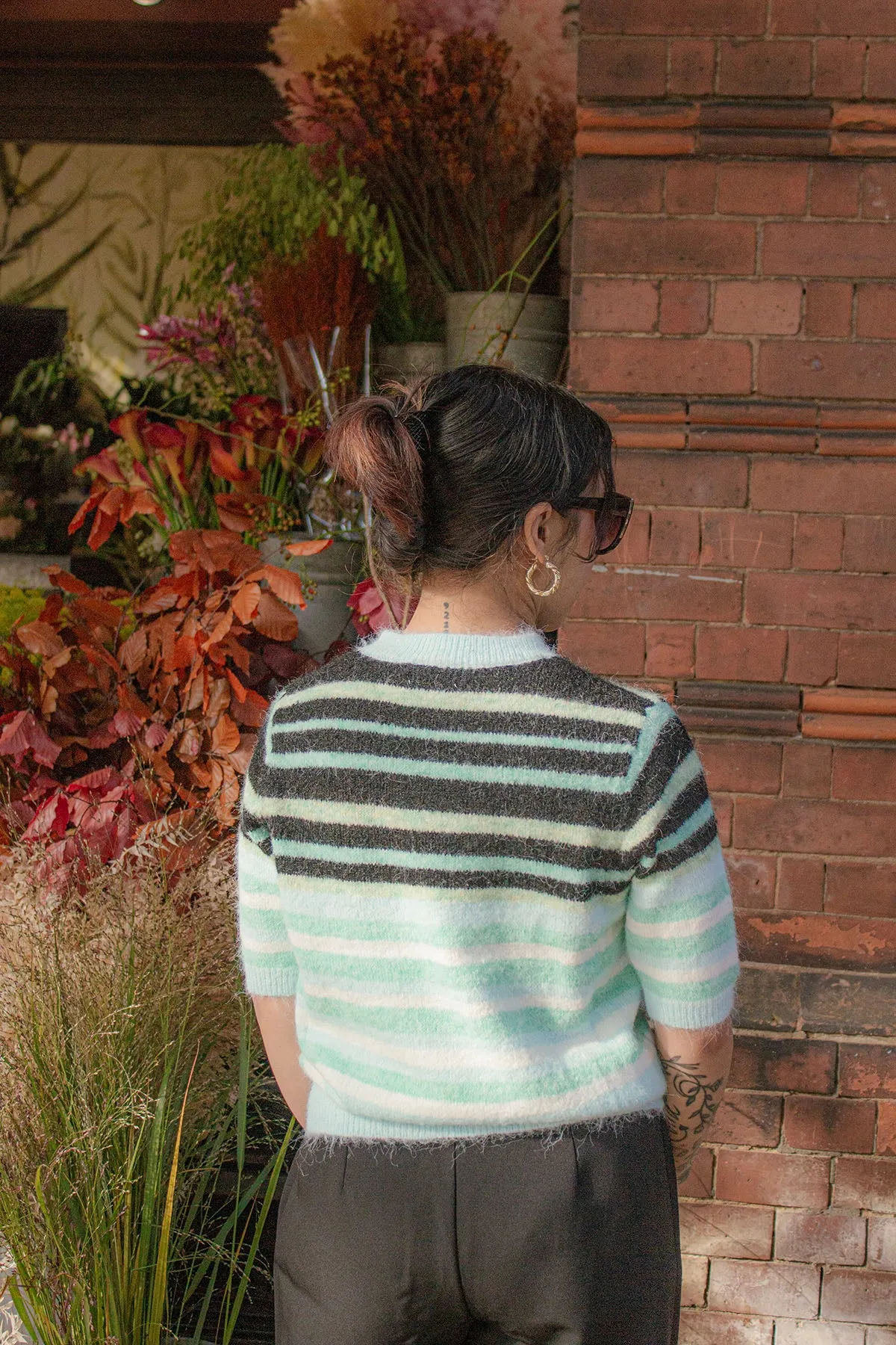 Short Sleeve Fuzzy Stripe Knit