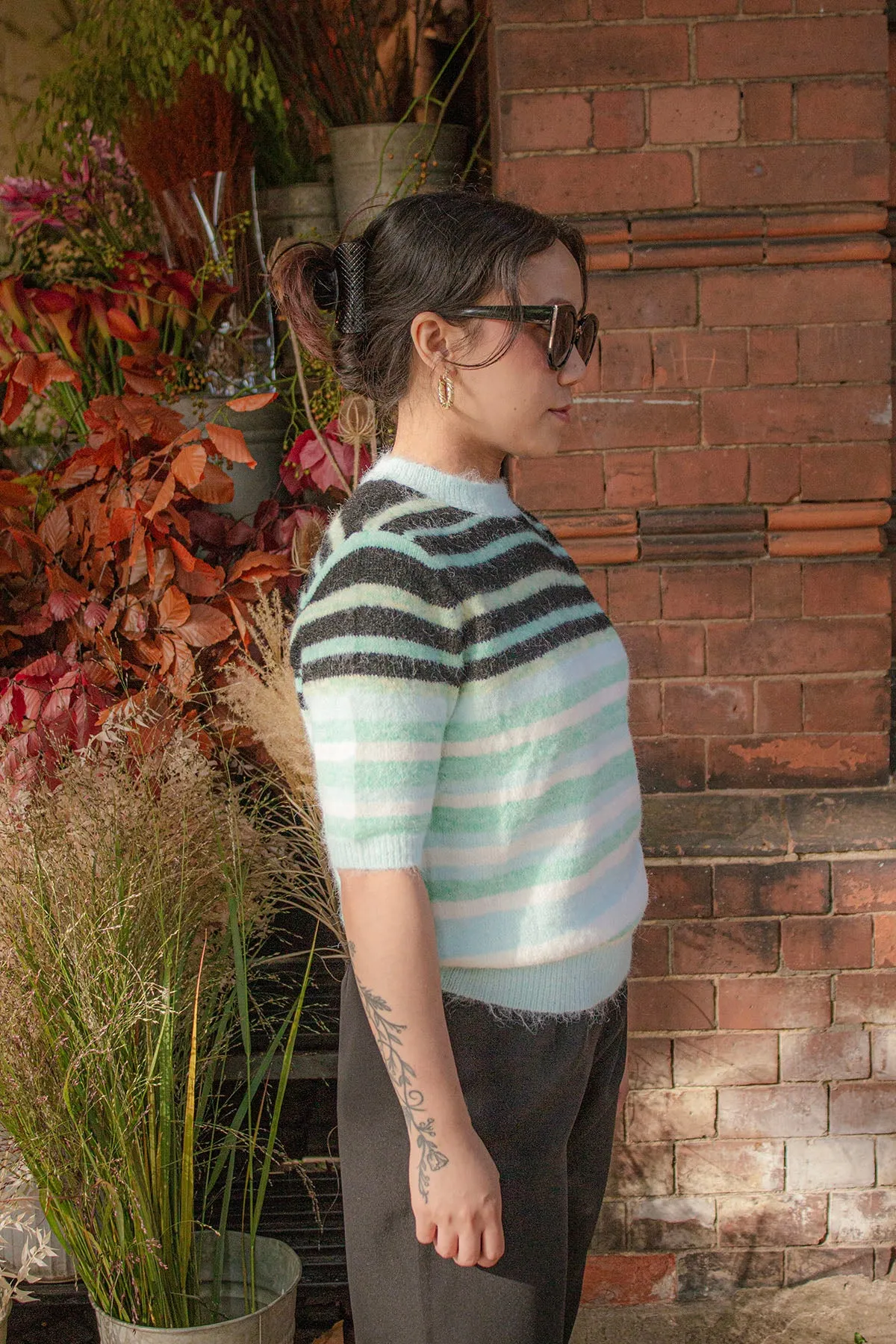 Short Sleeve Fuzzy Stripe Knit