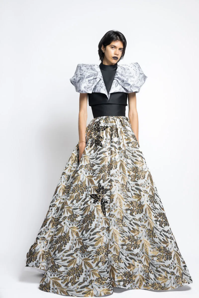 Silver Bay Leaf Jacquard And Gazar Cropped Top With Draped Petal Wings