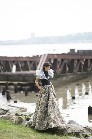Silver Bay Leaf Jacquard And Gazar Cropped Top With Draped Petal Wings