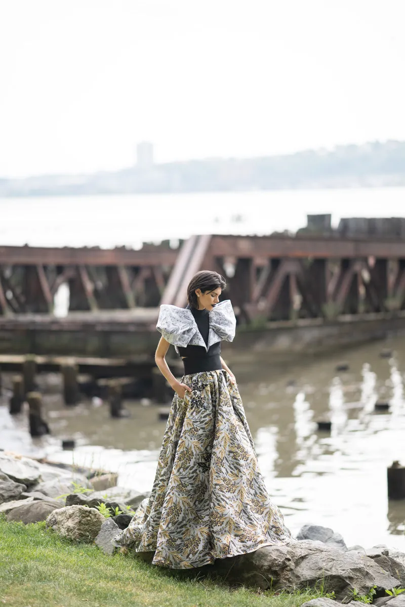 Silver Bay Leaf Jacquard And Gazar Cropped Top With Draped Petal Wings