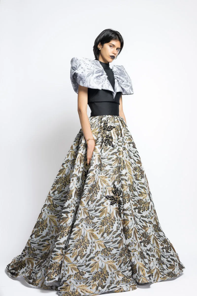 Silver Bay Leaf Jacquard And Gazar Cropped Top With Draped Petal Wings
