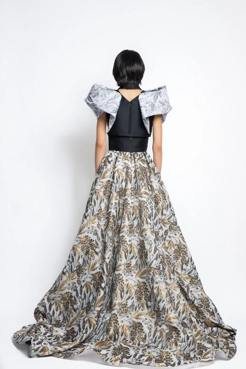Silver Bay Leaf Jacquard And Gazar Cropped Top With Draped Petal Wings