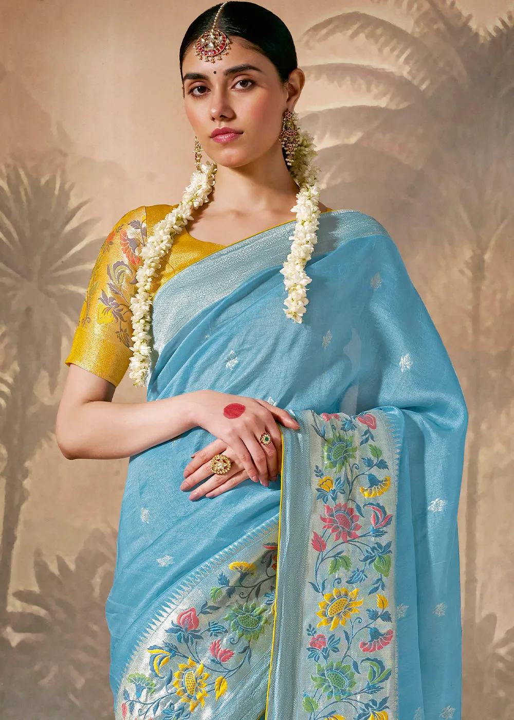 Sky Blue Woven Soft Silk Saree With Brocade Blouse