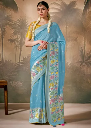 Sky Blue Woven Soft Silk Saree With Brocade Blouse