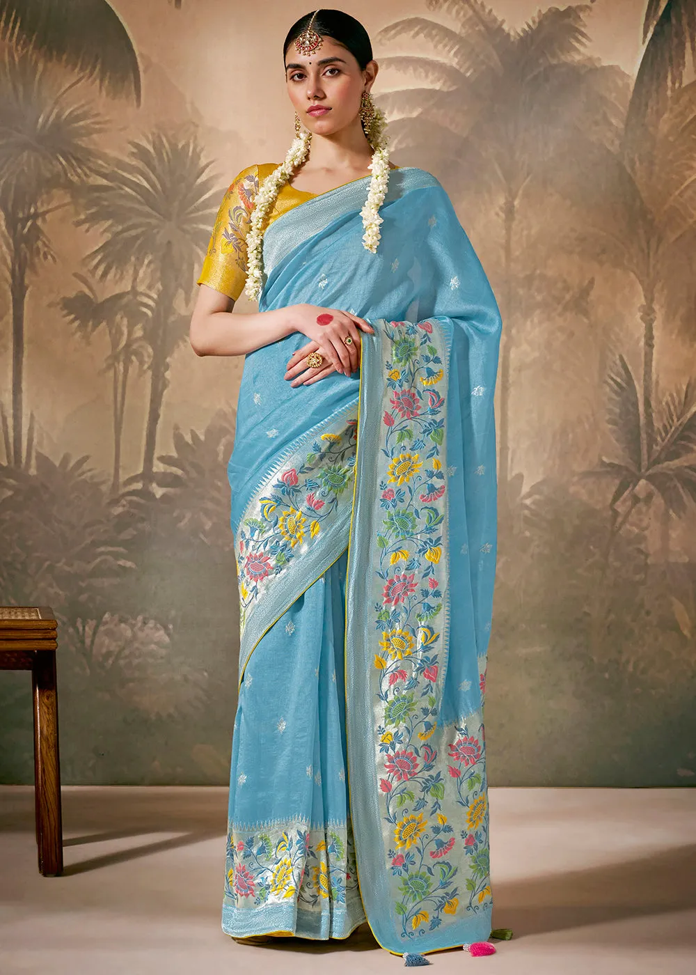 Sky Blue Woven Soft Silk Saree With Brocade Blouse
