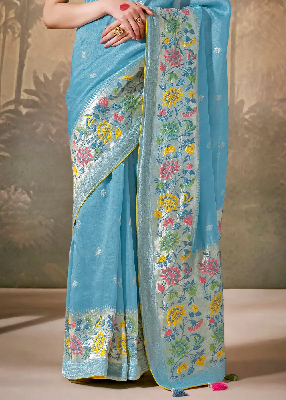 Sky Blue Woven Soft Silk Saree With Brocade Blouse