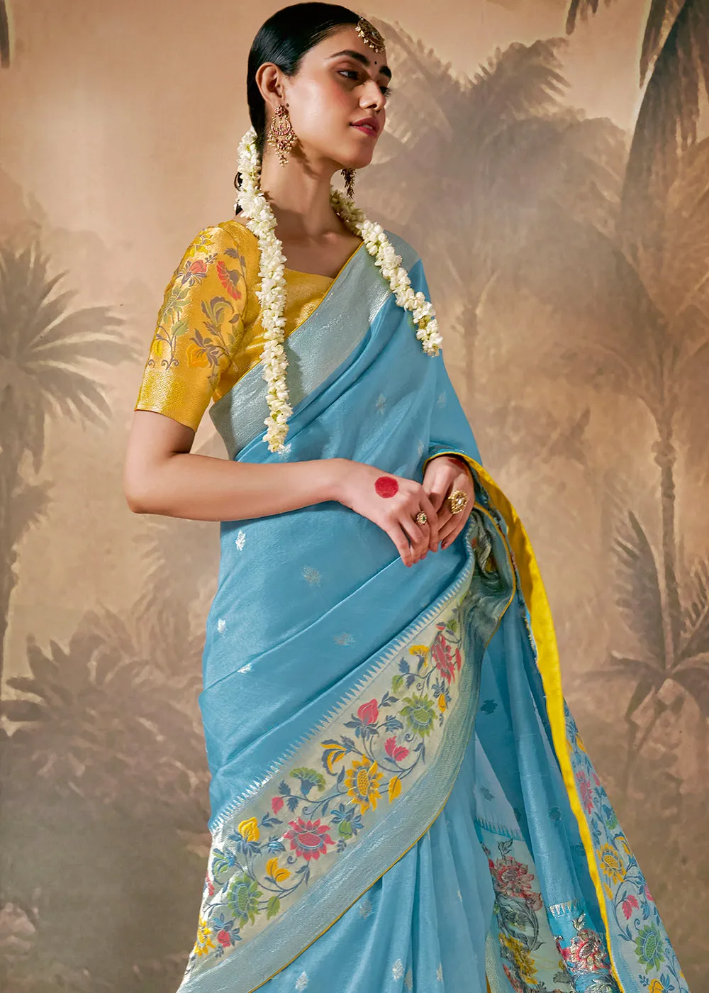 Sky Blue Woven Soft Silk Saree With Brocade Blouse