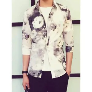 Slimming Ink Floral Print Men's Turn-Down Collar 3/4 Length Sleeve Cotton Blends Shirt - L