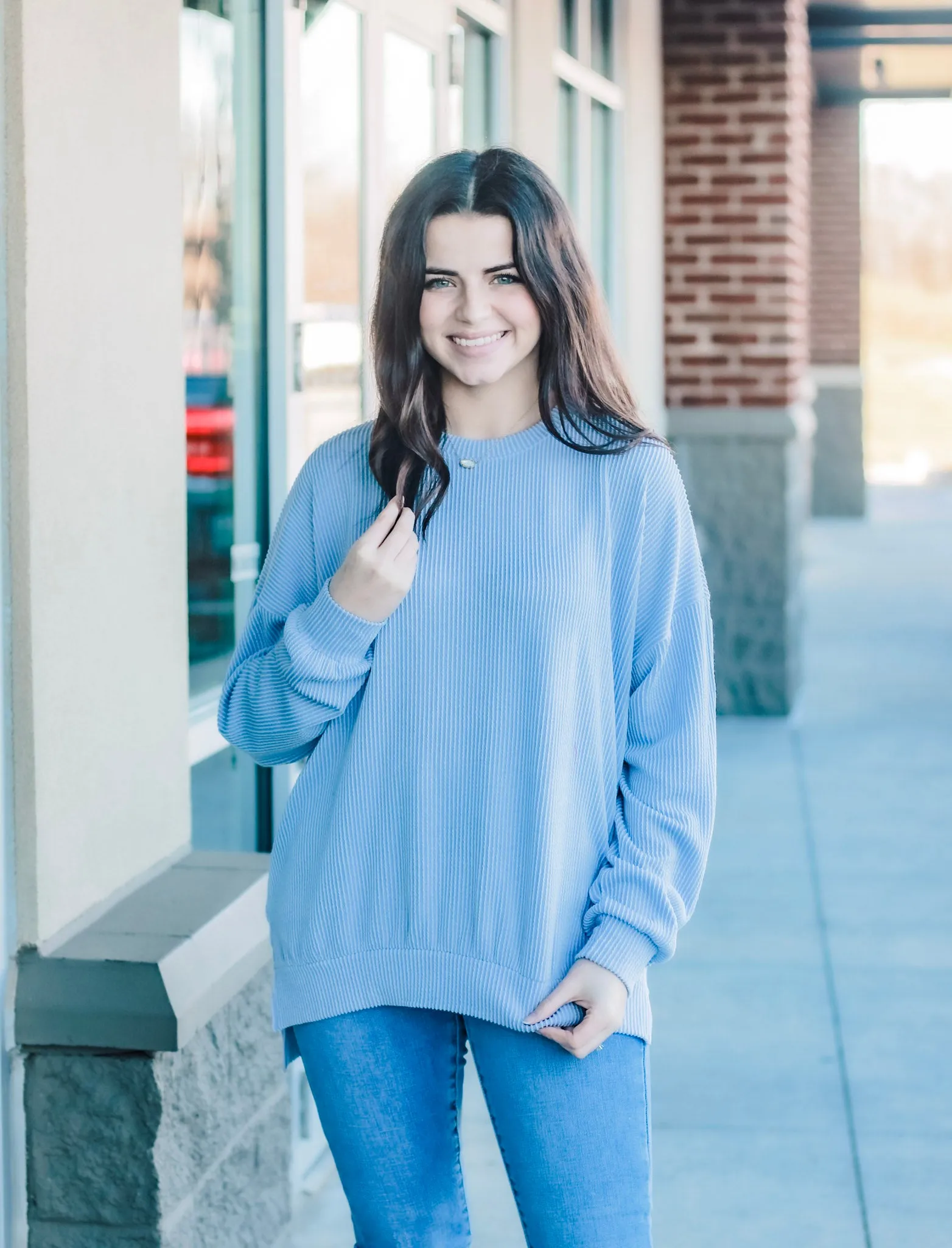 So Happy for Spring Ribbed Top in Oxford Blue