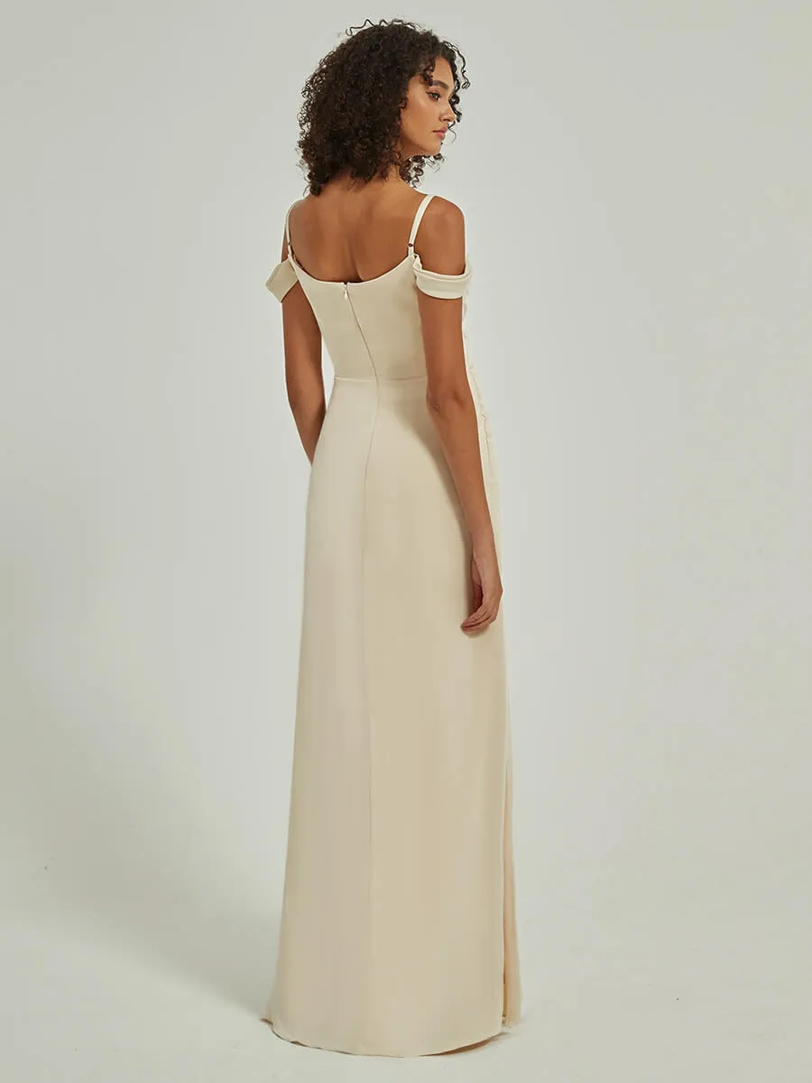 Soft Champagne Cowl Neckline Straps Side Slit Silk Satin Convertible Bridesmaid Dress