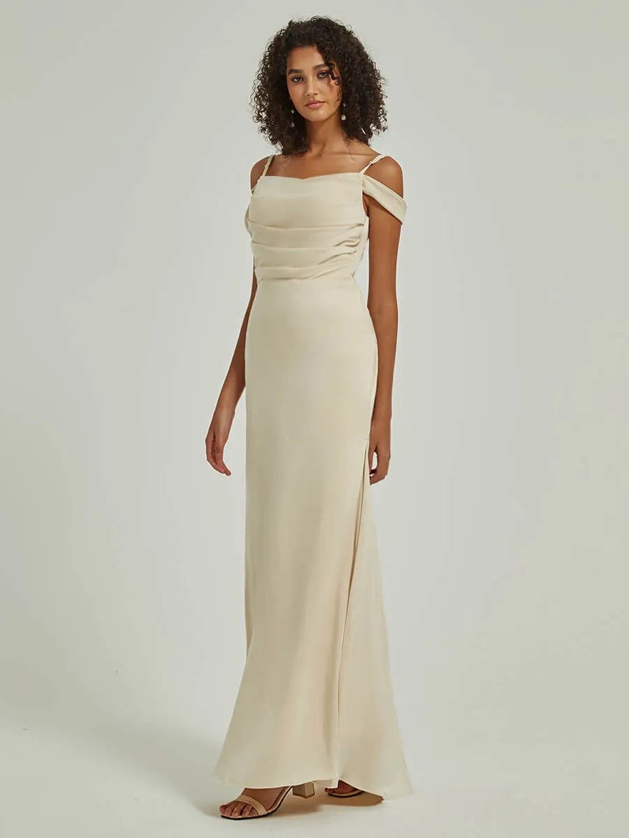 Soft Champagne Cowl Neckline Straps Side Slit Silk Satin Convertible Bridesmaid Dress