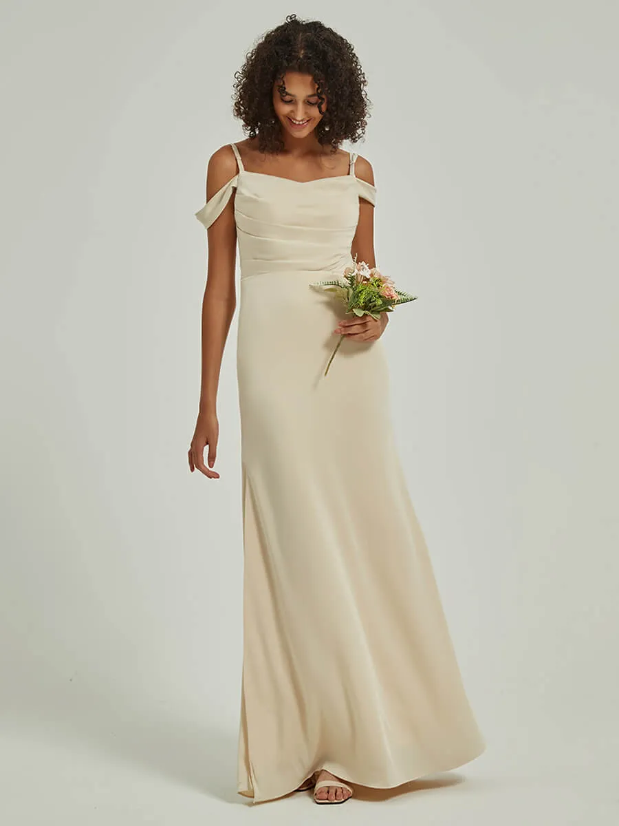 Soft Champagne Cowl Neckline Straps Side Slit Silk Satin Convertible Bridesmaid Dress