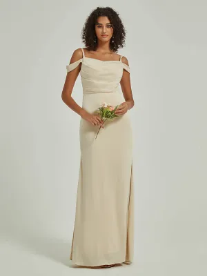 Soft Champagne Cowl Neckline Straps Side Slit Silk Satin Convertible Bridesmaid Dress