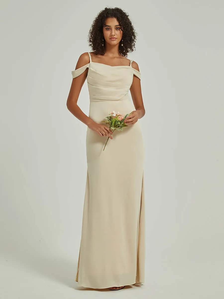 Soft Champagne Cowl Neckline Straps Side Slit Silk Satin Convertible Bridesmaid Dress