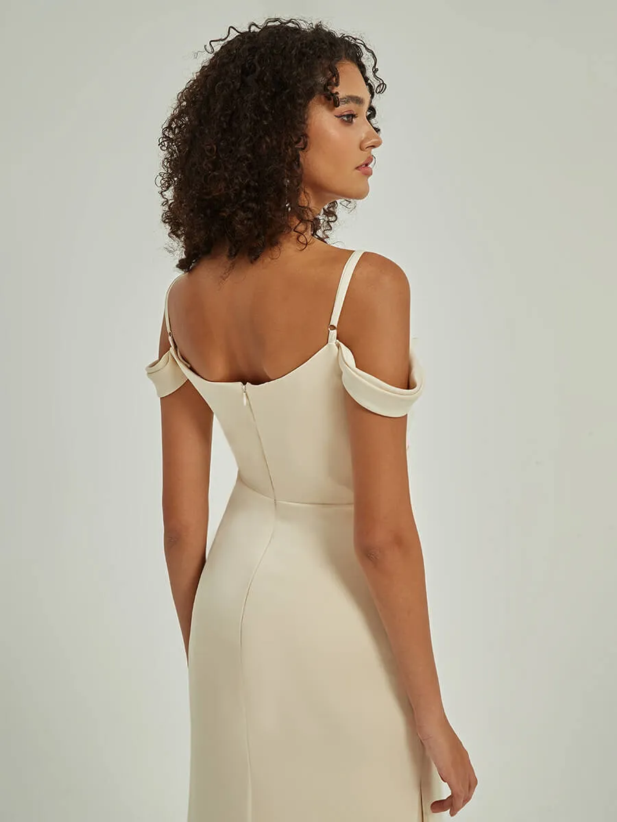 Soft Champagne Cowl Neckline Straps Side Slit Silk Satin Convertible Bridesmaid Dress