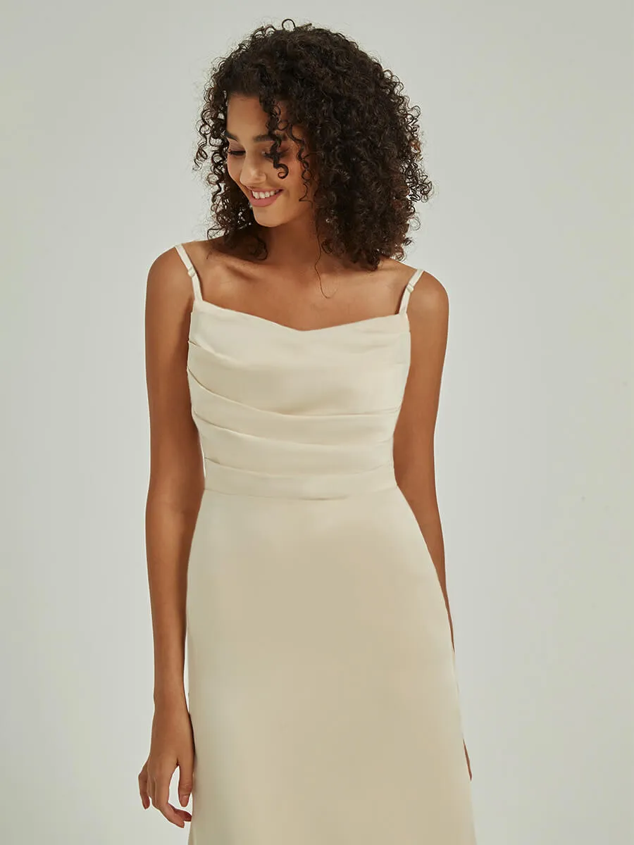 Soft Champagne Cowl Neckline Straps Side Slit Silk Satin Convertible Bridesmaid Dress