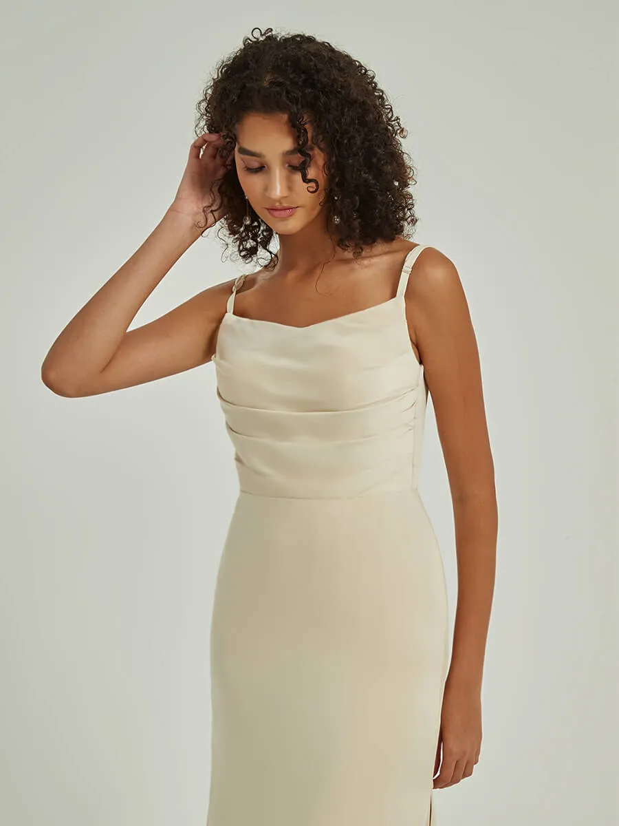 Soft Champagne Cowl Neckline Straps Side Slit Silk Satin Convertible Bridesmaid Dress