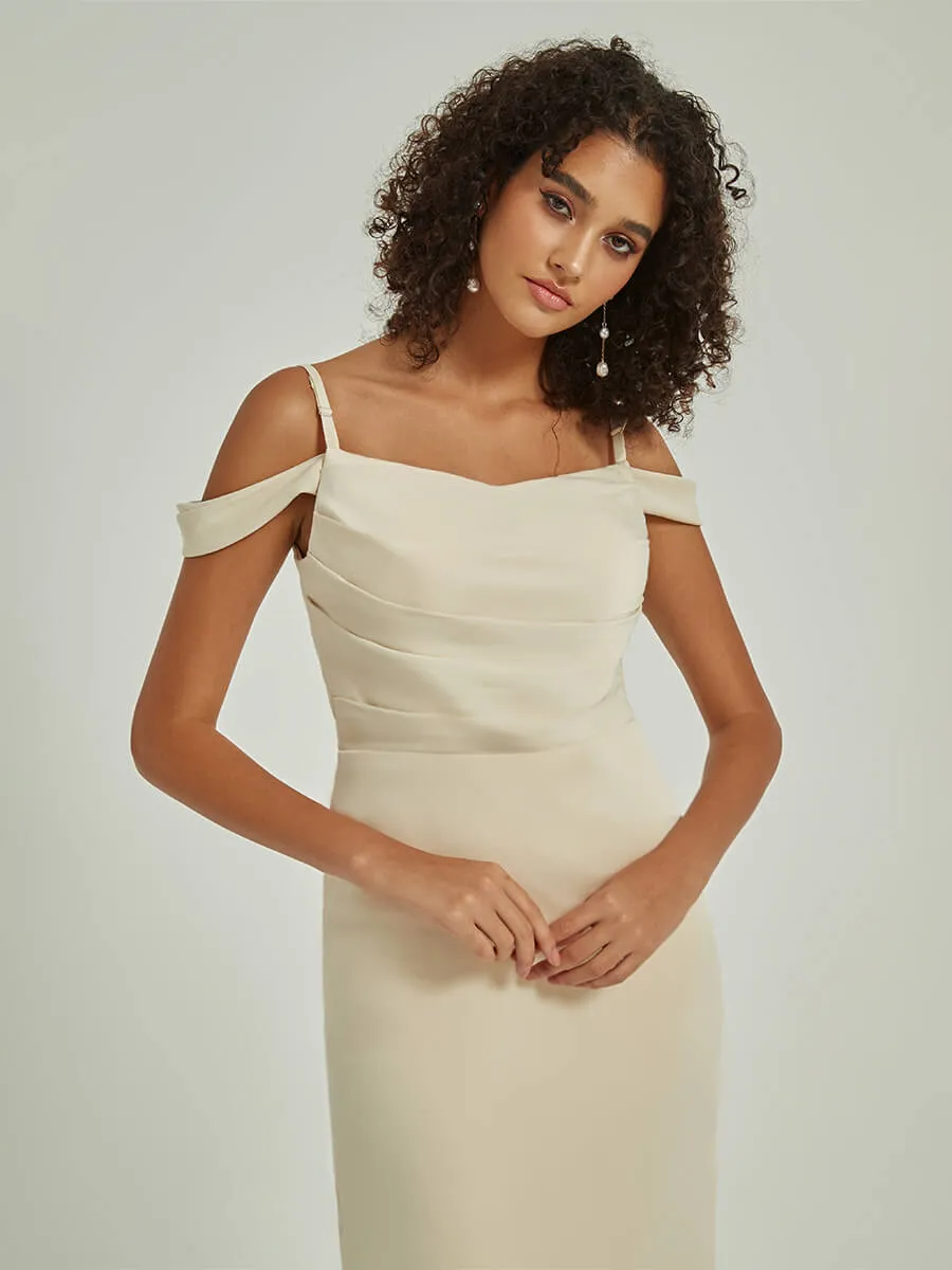 Soft Champagne Cowl Neckline Straps Side Slit Silk Satin Convertible Bridesmaid Dress