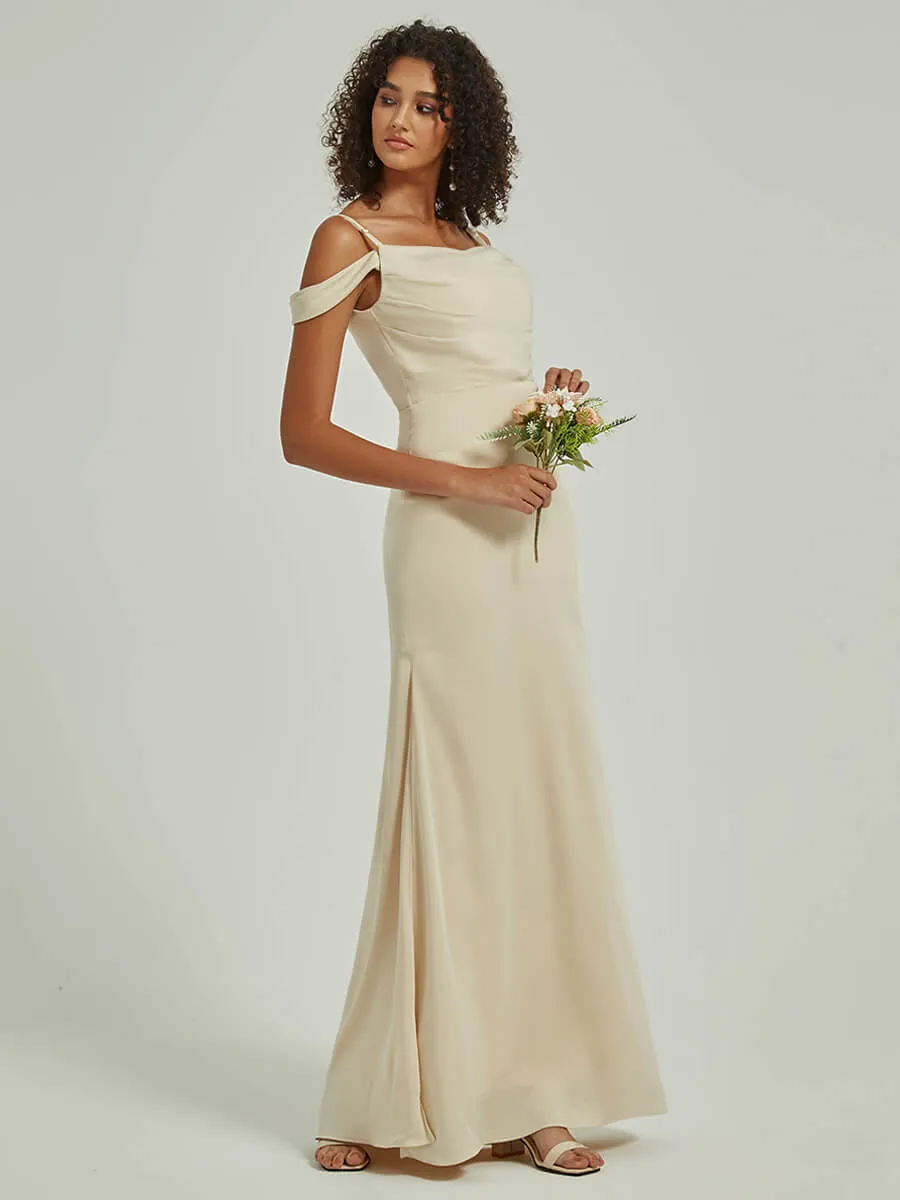 Soft Champagne Cowl Neckline Straps Side Slit Silk Satin Convertible Bridesmaid Dress
