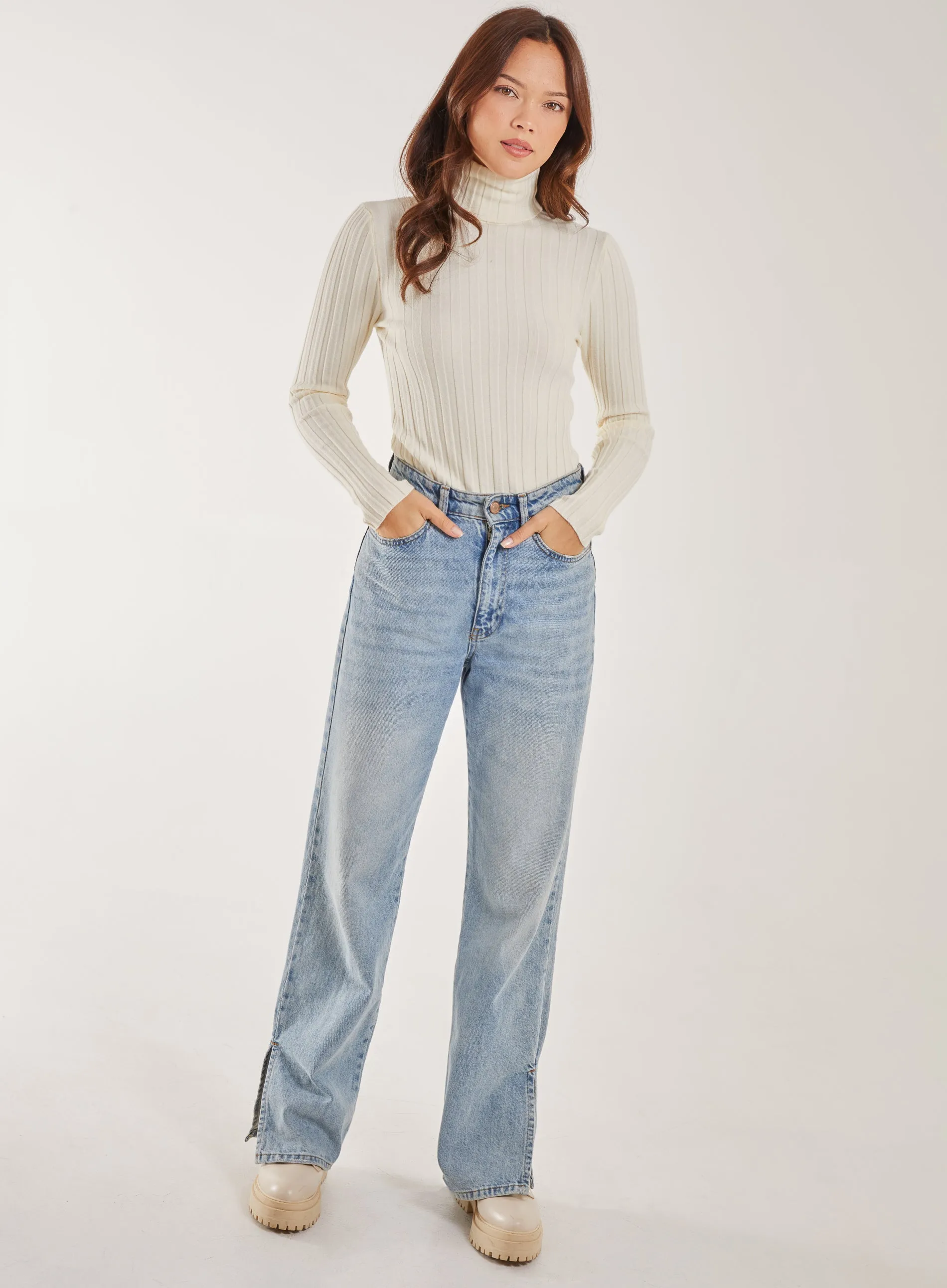 Soft Knit Wide Rib Roll Neck Top