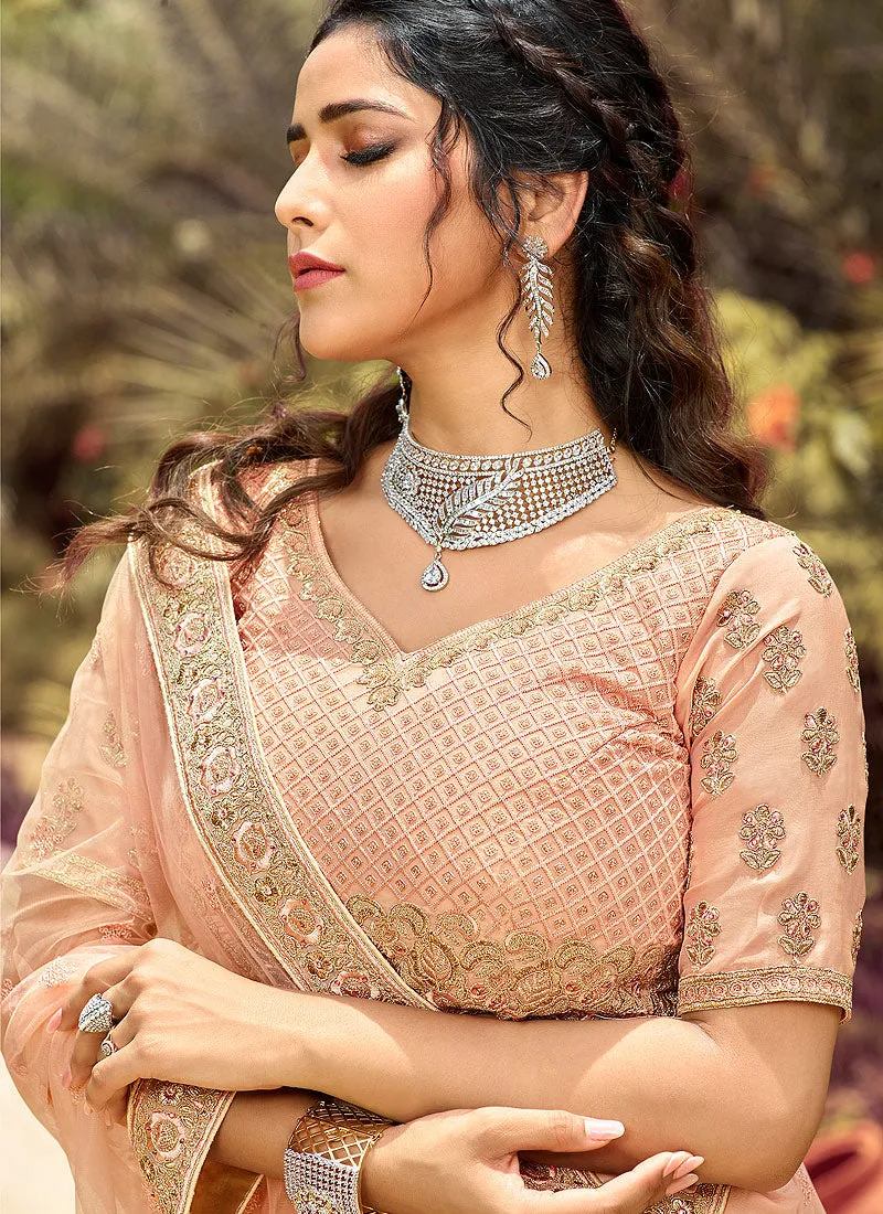 Soft Peach Golden Zari Embroidered Wedding Lehenga Choli