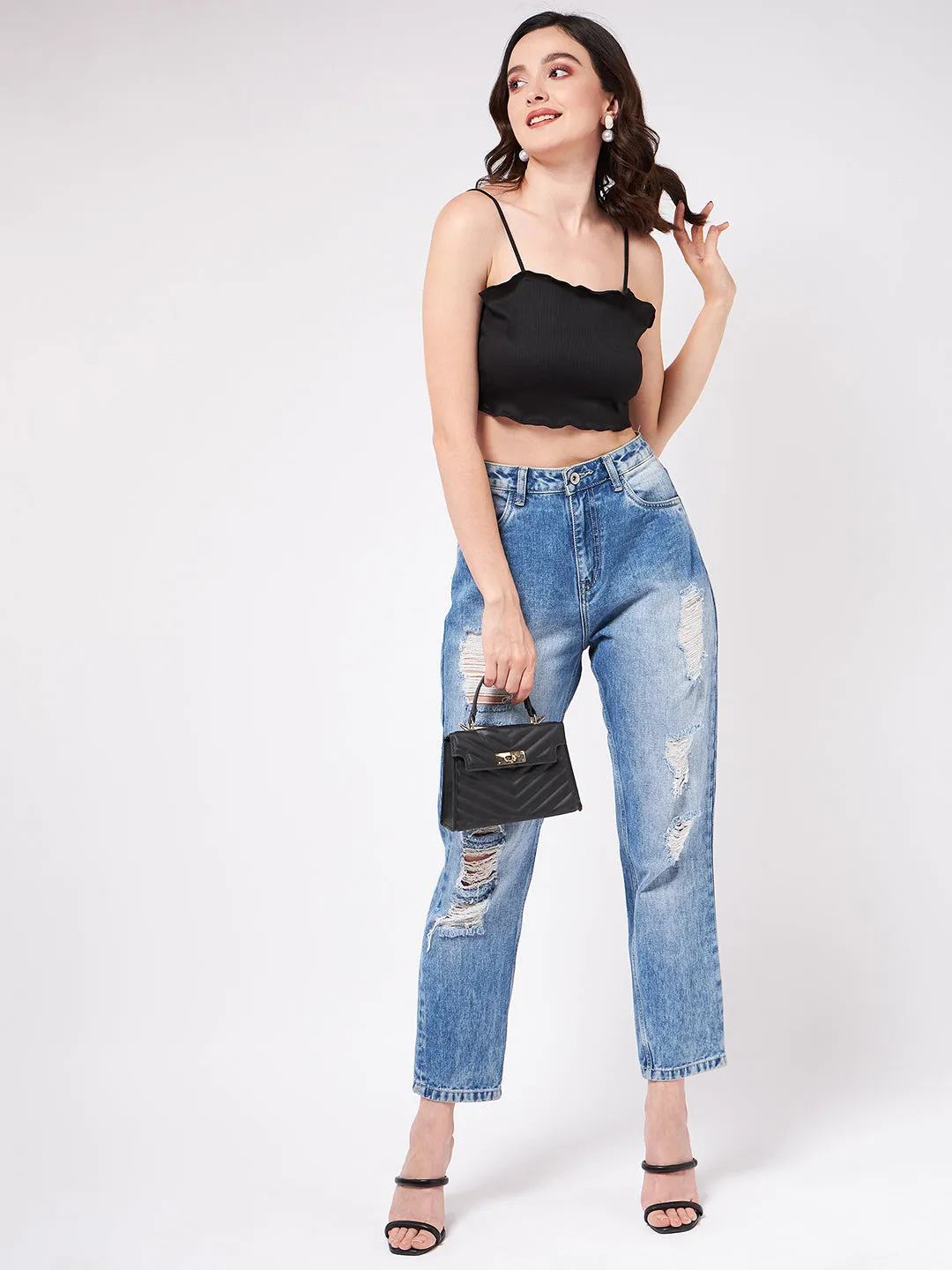 Solid Strappy Basic Rib Crop Top