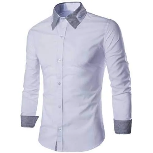 Special Shirt Collar Stripes Spliced Long Sleeves Slimming Shirt For Men - White M