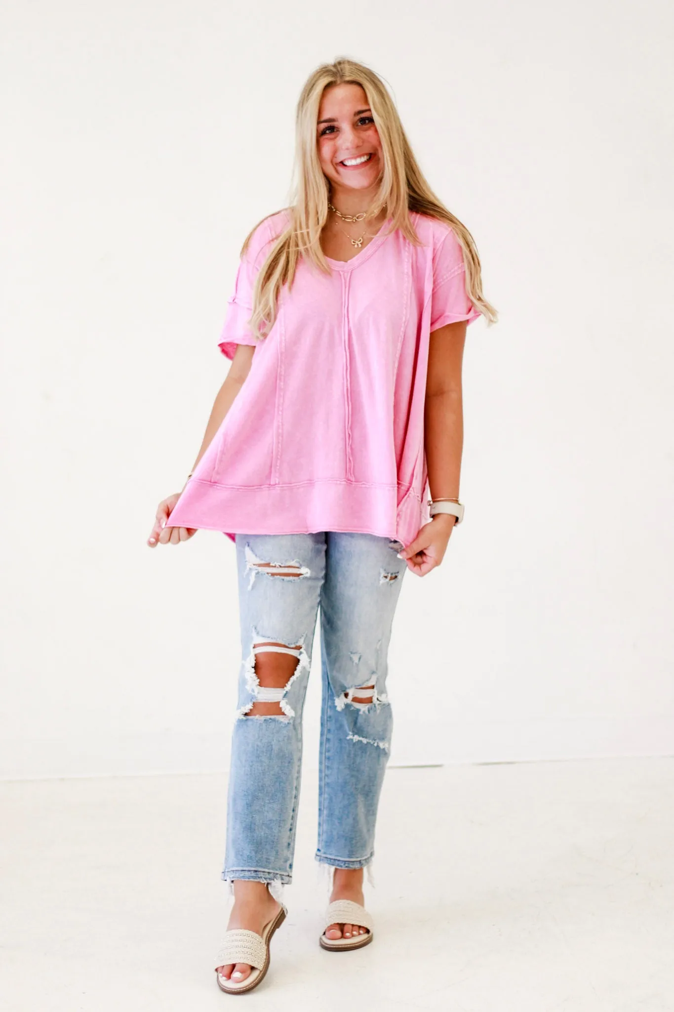 Street Style Cotton Slub Knit Top in Pink