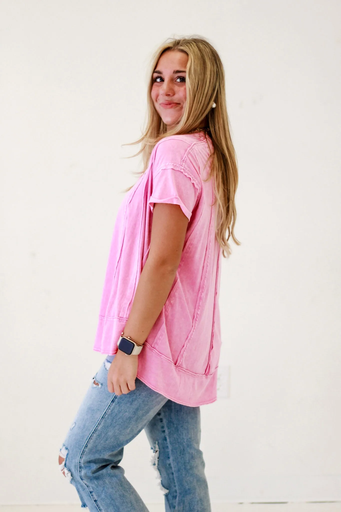 Street Style Cotton Slub Knit Top in Pink