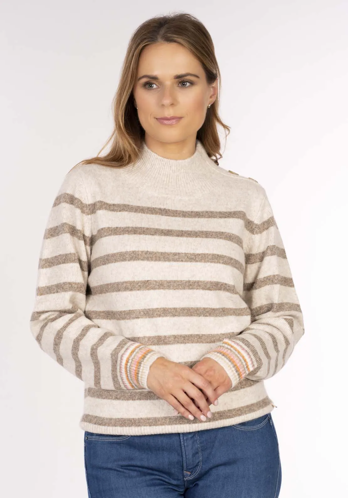 Stripe Button Shoulder Sweater - Pink