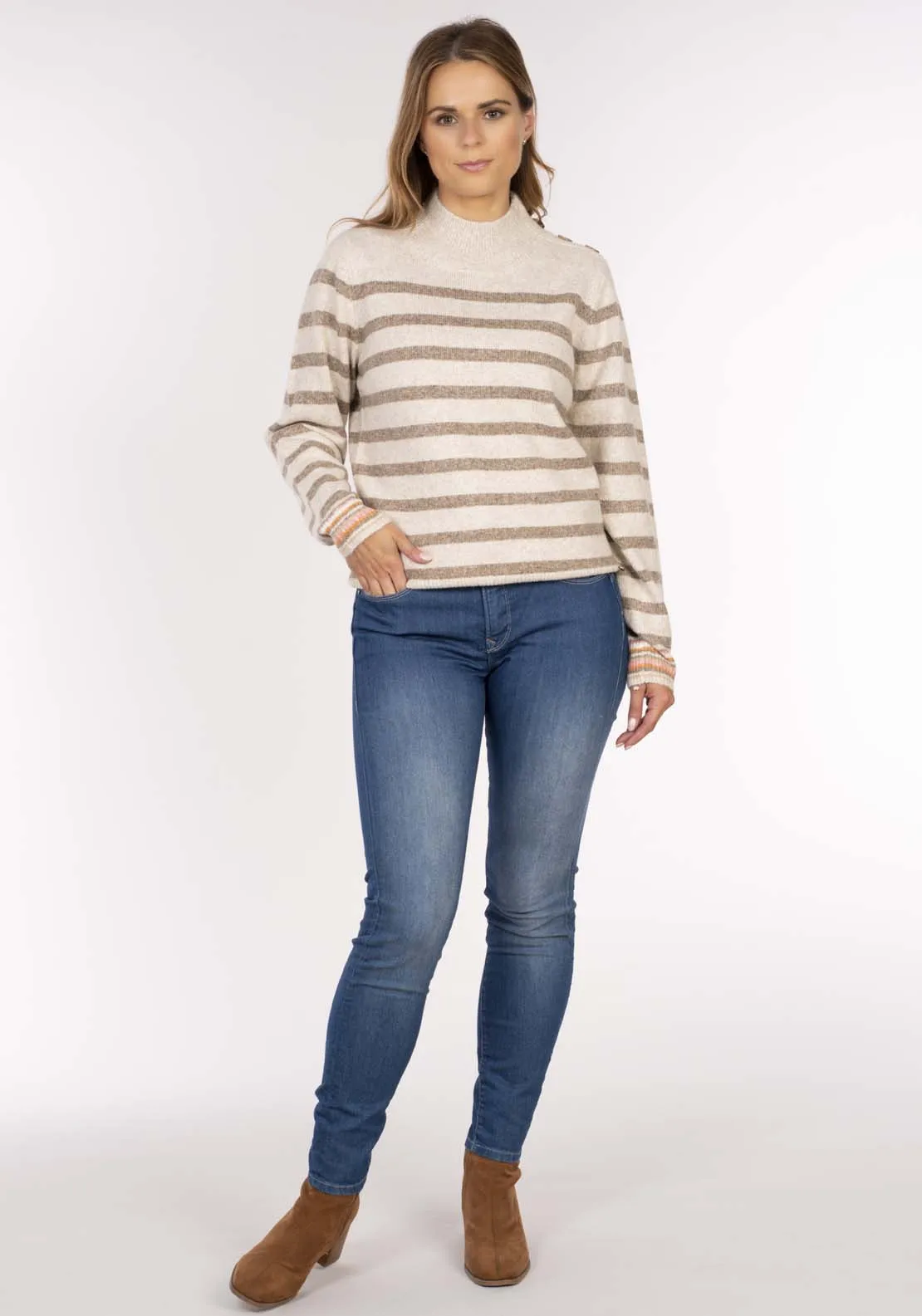 Stripe Button Shoulder Sweater - Pink