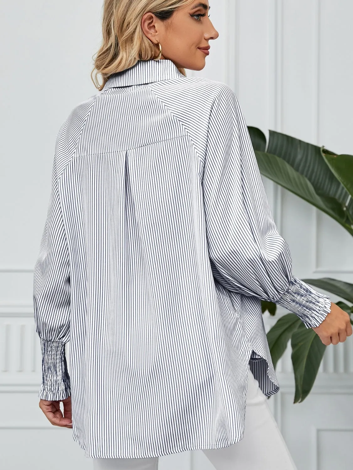 Striped Button Up Smocked Long Sleeve Shirt