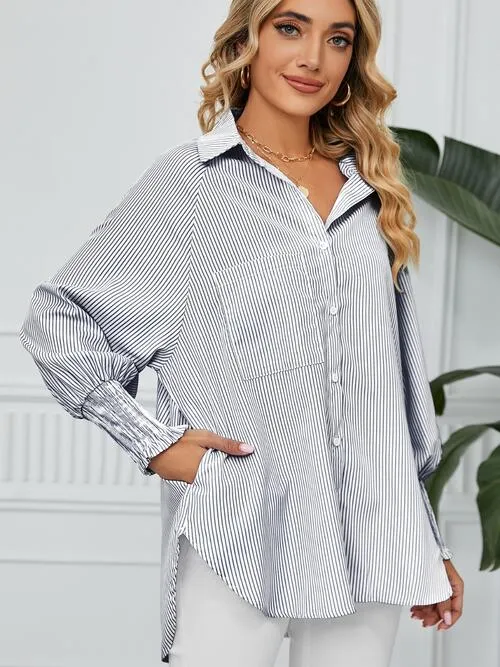 Striped Button Up Smocked Long Sleeve Shirt