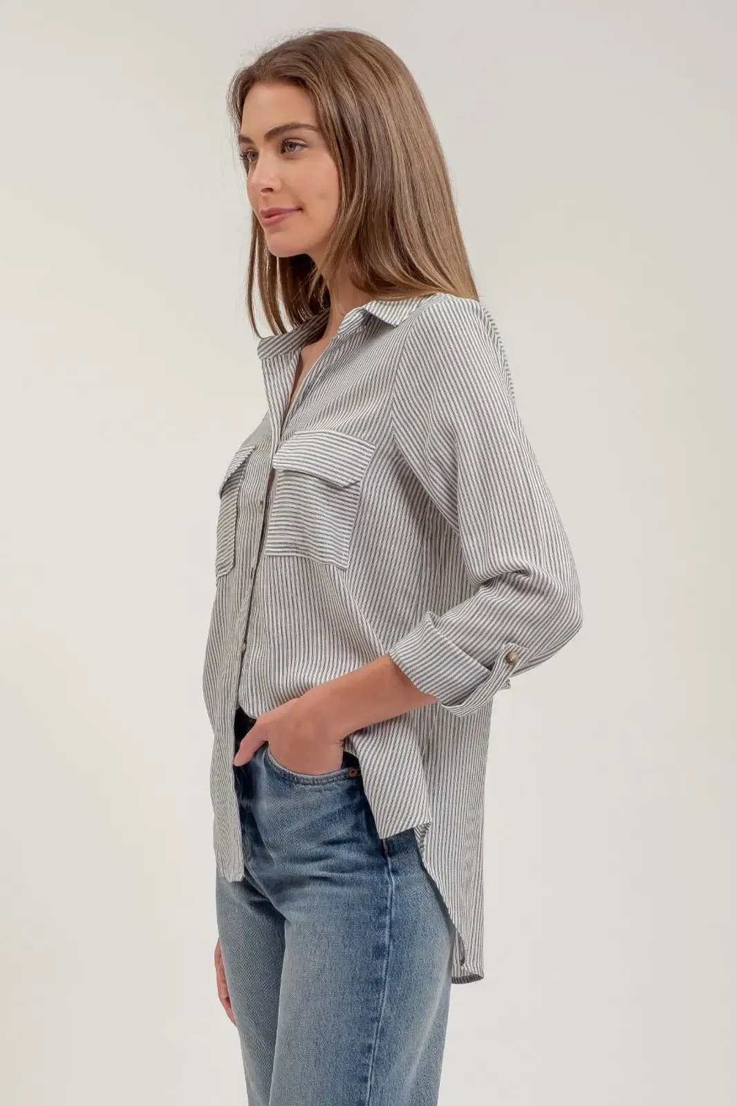 STRIPED COLLARED BUTTON DOWN WITH POCKETS
