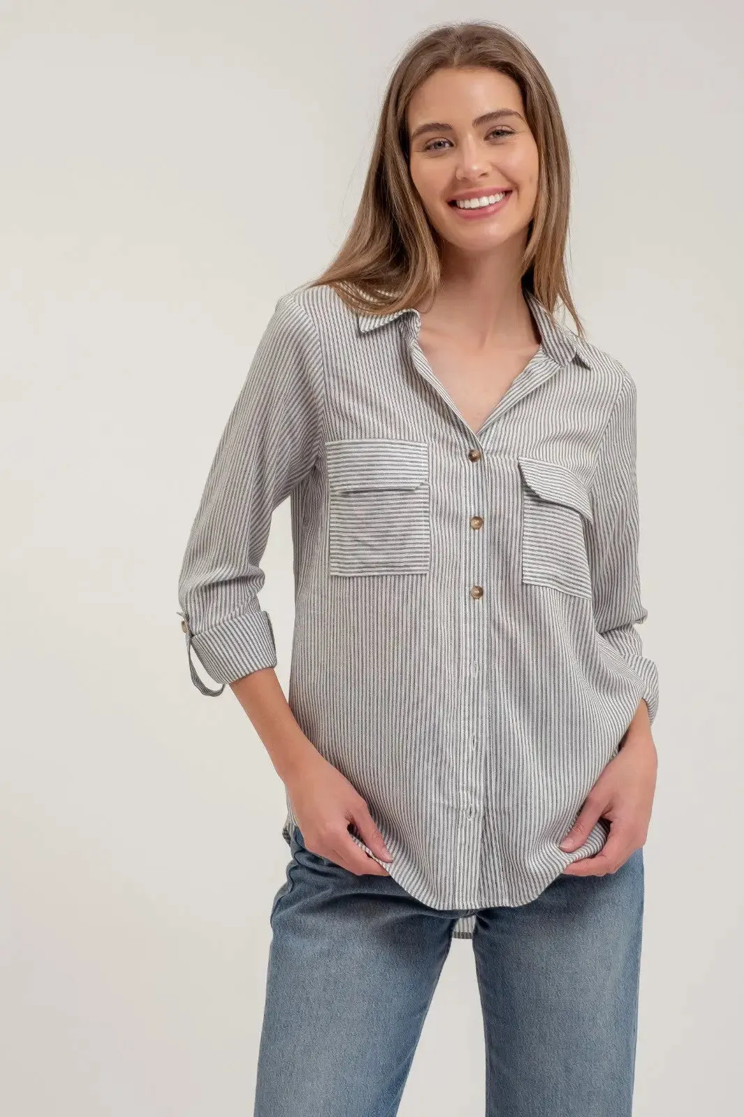 STRIPED COLLARED BUTTON DOWN WITH POCKETS