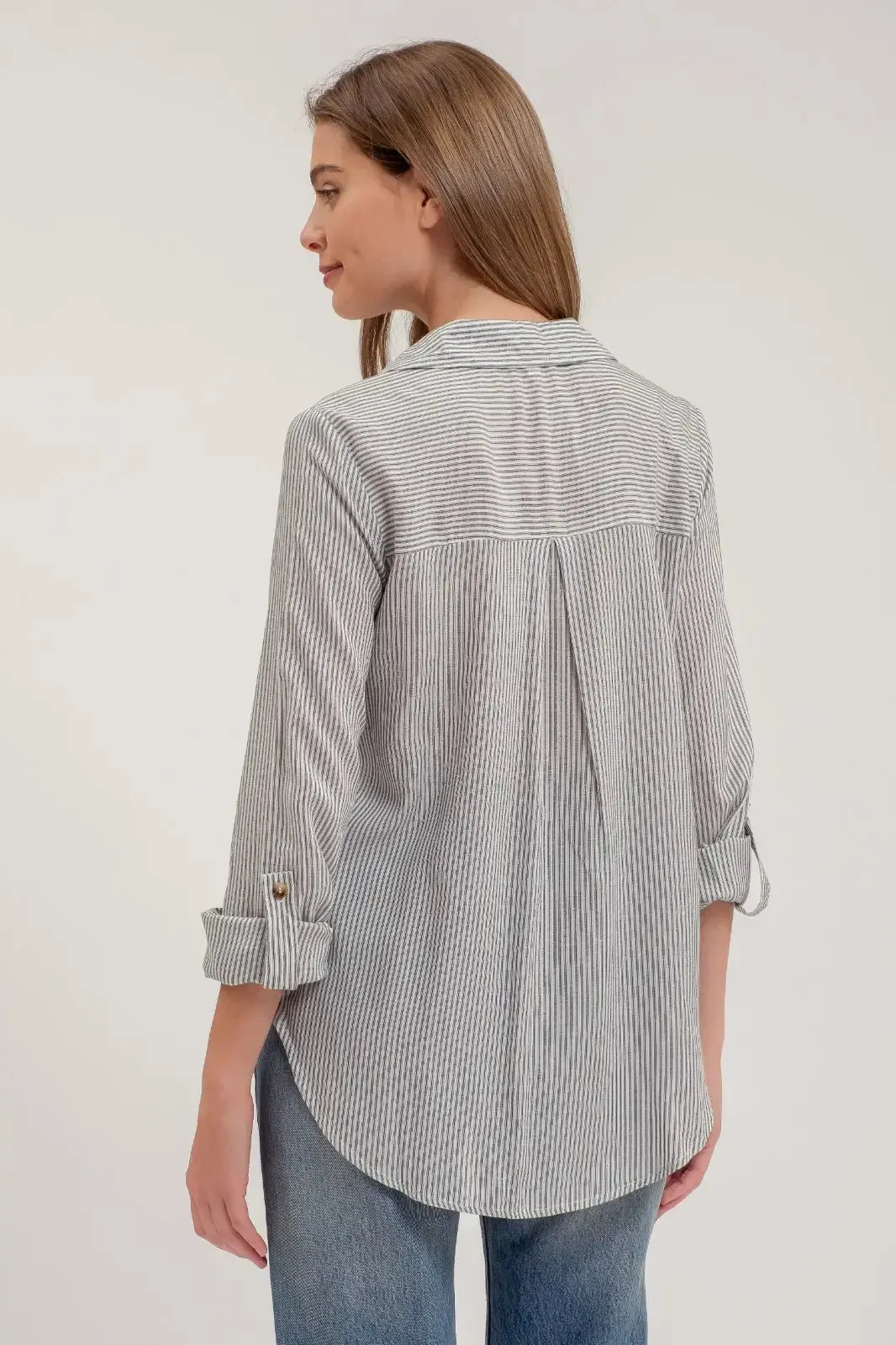 STRIPED COLLARED BUTTON DOWN WITH POCKETS