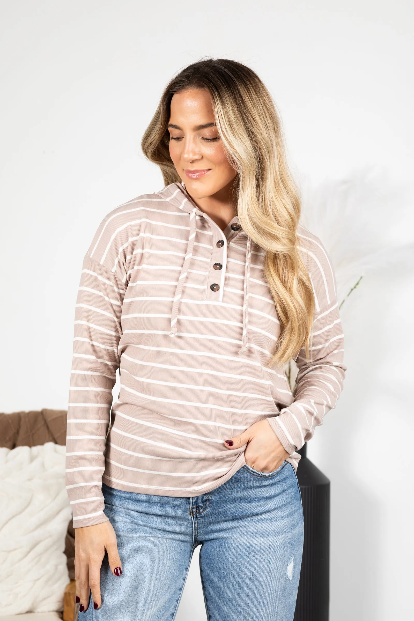 Striped Drawstring Half Button Hoodie Knit Top