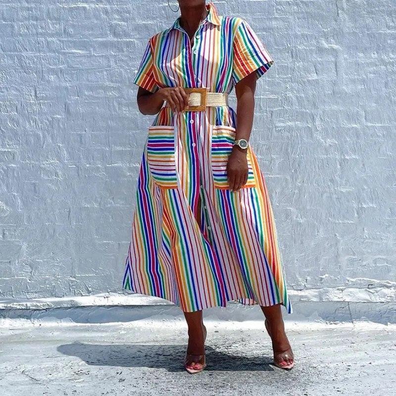 Striped Pattern Short Sleeve Button Detailed Long Blouse