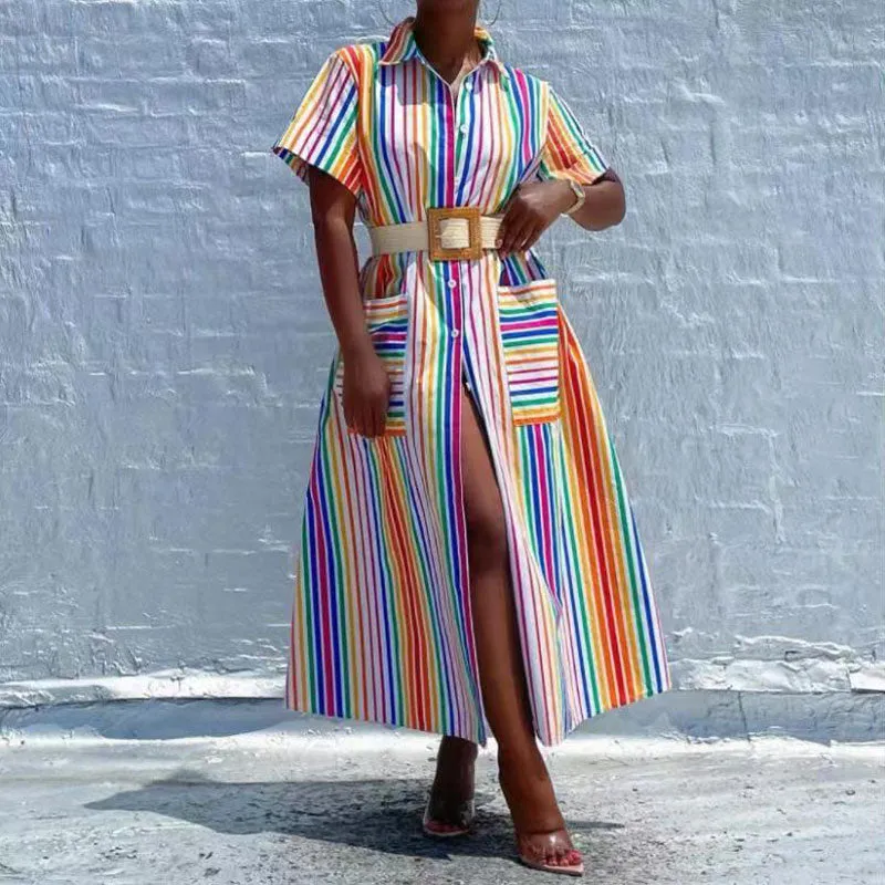 Striped Pattern Short Sleeve Button Detailed Long Blouse